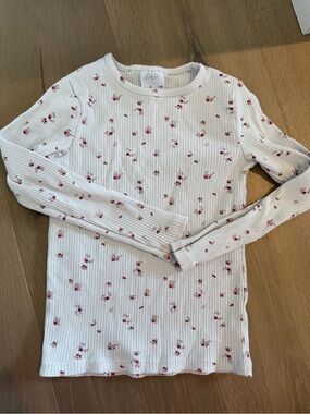 Zara White Ribbed Long Sleeve Top with Pink Floral Motif
